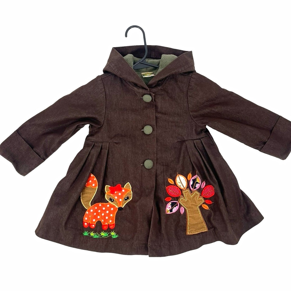 Maria Elena Girls 4T Brown Hooded Coat Fox Tree Applique Fleece Lined Boho